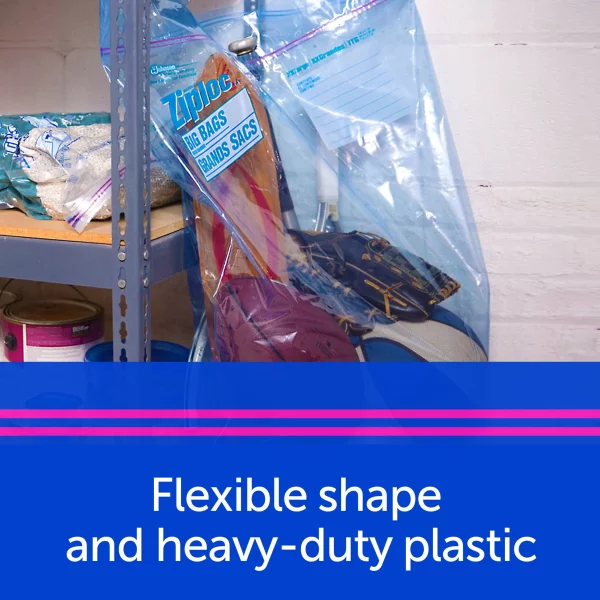 Ziploc® Big Bags, Large, Secure Double Zipper, 5 ct, Expandable Bottom, Heavy-Duty Plastic, Built-In Handles, Flexible Shape to Fit Where Storage Boxes Can't