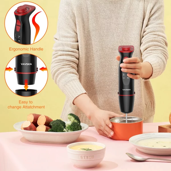 VAVSEA Immersion Hand Blender, 12-Speed Multi-Function Handheld Stick Blender with Stainless Steel Blades, Chopper, Beaker, 600ml, Whisk and Milk Frother for Baby Food/Smoothies/Puree, BPA Free