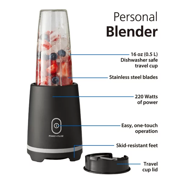 Mainstays Black Single-Serve Blender with 1 Travel Lid, 16 oz, New
