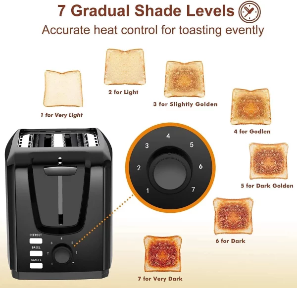 Dear Morning Toaster 2 Slice with 2 Wide Slots 7 Shade Settings and Removable Crumb Tray Black Bread Toaster