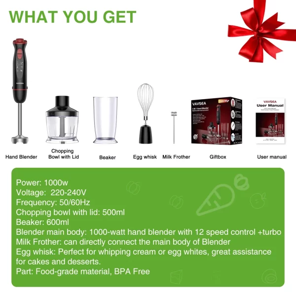 VAVSEA Immersion Hand Blender, 12-Speed Multi-Function Handheld Stick Blender with Stainless Steel Blades, Chopper, Beaker, 600ml, Whisk and Milk Frother for Baby Food/Smoothies/Puree, BPA Free