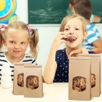 BagDream 50Pcs Brown Bakery Bags with Window, 3.54x2.36x6.7 inches Small Kraft Paper Bags Tin Tie Tab Lock Bags for Cookies, Popcorn, Bread, Party Favors