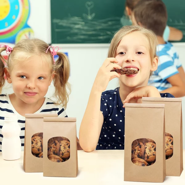 BagDream 50Pcs Brown Bakery Bags with Window, 3.54x2.36x6.7 inches Small Kraft Paper Bags Tin Tie Tab Lock Bags for Cookies, Popcorn, Bread, Party Favors