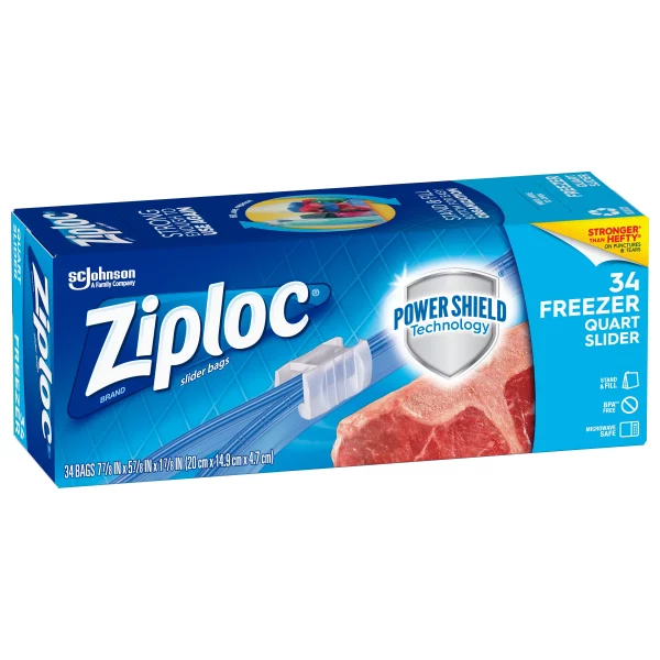 Ziploc® Brand Slider Freezer Bags with Power Shield Technology, Quart, 34 Count