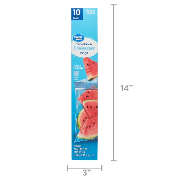 Great Value Double Zipper Freezer Bags, 2 Gallon, 10 Count