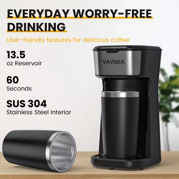 VAVSEA Single-Serve Coffee Maker Brewer 14Oz with Thermal Travel Mug and Reusable Filter, 600W Personal Coffeemaker for Ground Coffee