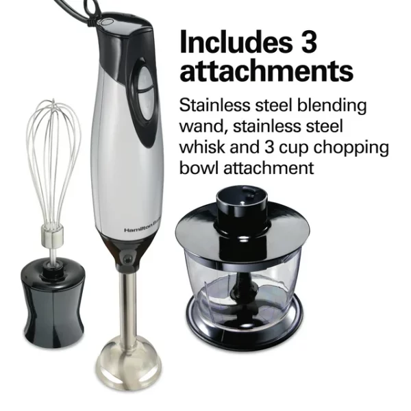 Hamilton Beach 4-in-1 Electric Immersion Hand Blender with Blending Wand, Whisk, and 3 Cup Food Chopping Bowl, Silver, 59765