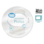 Great Value Uncoated, Microwave Safe, Disposable Paper Plates, 9", White, 100 Count