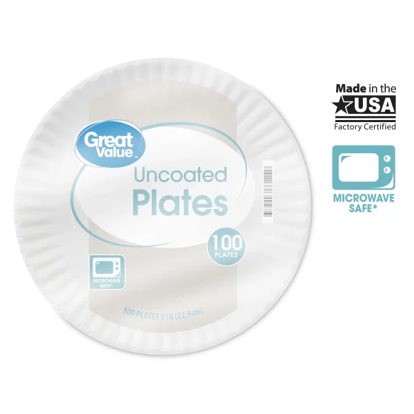 Great Value Uncoated, Microwave Safe, Disposable Paper Plates, 9", White, 100 Count