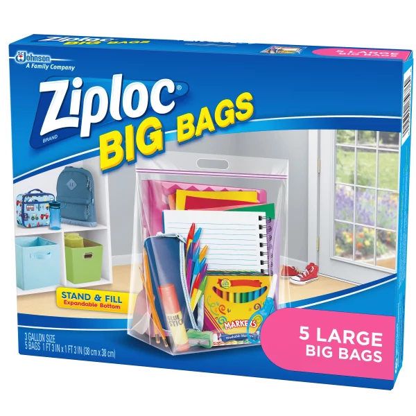 Ziploc® Big Bags, Large, Secure Double Zipper, 5 ct, Expandable Bottom, Heavy-Duty Plastic, Built-In Handles, Flexible Shape to Fit Where Storage Boxes Can't
