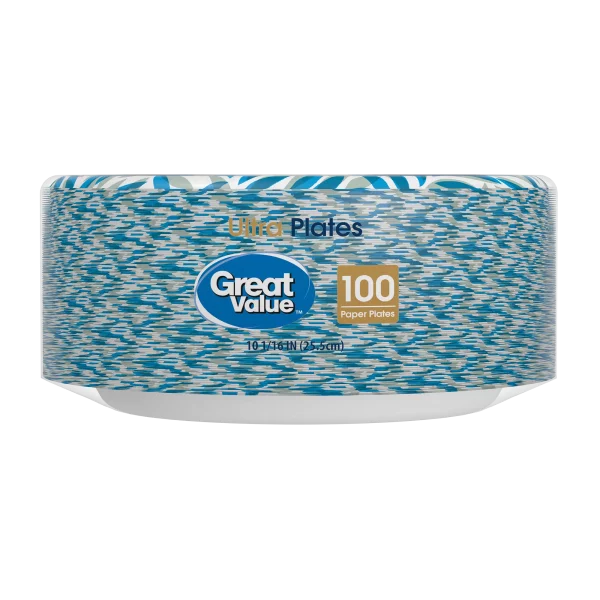 Great Value Ultra Disposable Paper Dinner Plates, White, 10 inch, 100 Plates, Patterned