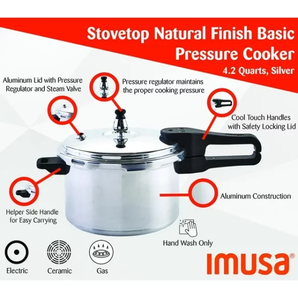 Imusa 4.2Qt Stovetop Aluminum Pressure Cooker with Safety Regulator