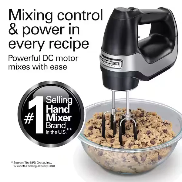 Professional 7-Speed Black Hand Mixer with SoftScrape Beaters, Whisk, Dough Hooks and Snap-On Storage Case