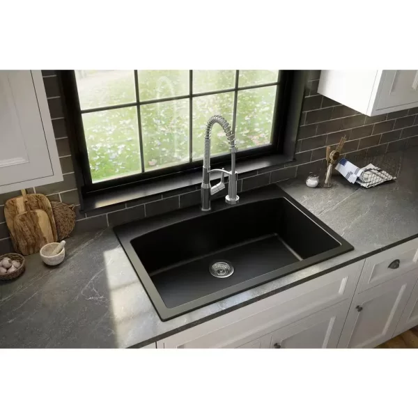 Drop-In Quartz Composite 33 in. 1-Hole Single Bowl Kitchen Sink in Black