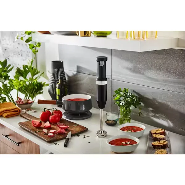 Cordless Variable Speed Black Matte Hand Blender with Chopper and Whisk Attachment