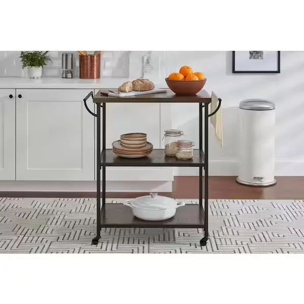 Blake Industrial Black Metal Frame Rolling Kitchen Cart with 3 Walnut Accent Storage Shelves (32" W)
