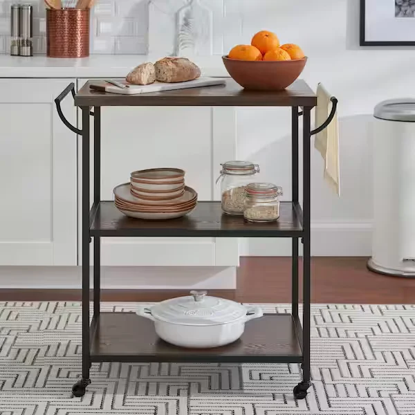 Blake Industrial Black Metal Frame Rolling Kitchen Cart with 3 Walnut Accent Storage Shelves (32" W)