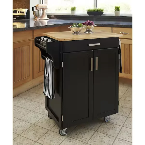 Cuisine Cart Black Kitchen Cart with Natural Wood Top