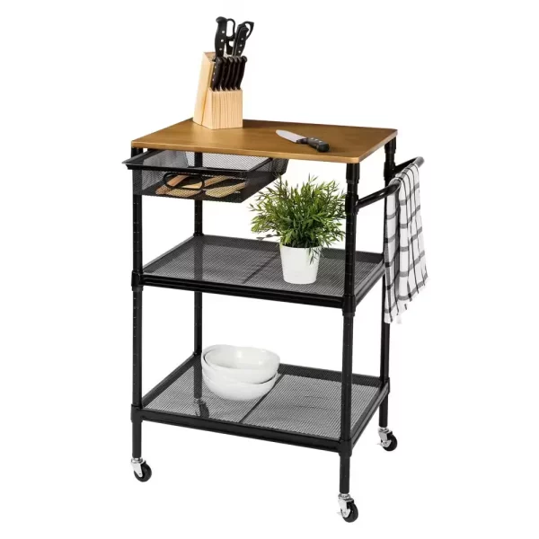 Black Kitchen Cart with Natural Wood Top