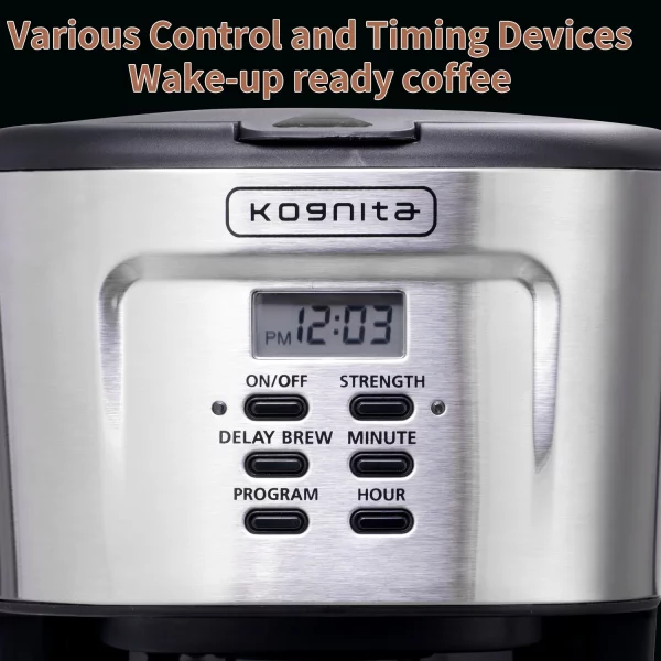Kognita 12 Cup Coffee Maker, Programmable Coffee Machine & Ice Tea Maker with Glass Carafe, Drip Coffee Pot, Auto Keep Warm, Anti-Drip, 900W Quick Brew, Strength Control, Black and Silver