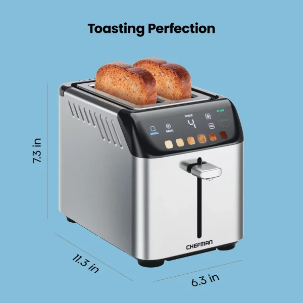 Chefman Smart Touch 2 Slice Digital Toaster, 6 Shade Settings, Stainless Steel, Removable Crumb Tray
