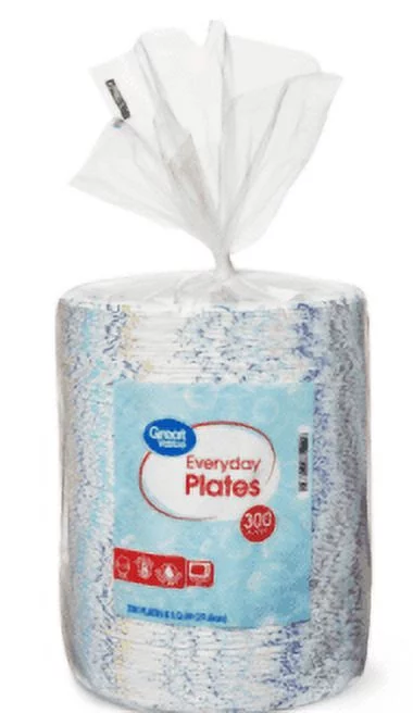 Great Value Everyday Strong, Soak Proof, Microwave Safe, Disposable Paper Plates, 9", Patterned, 300 Count