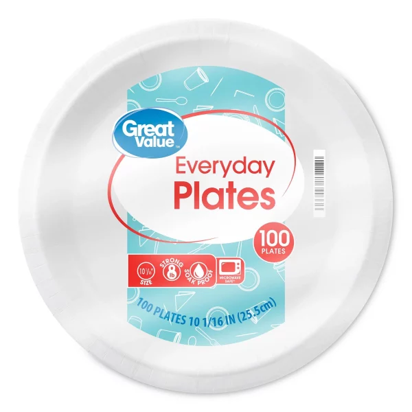 Great Value Everyday Strong, Soak Proof, Microwave Safe, Disposable Paper Plates, 10", White, 100 Count