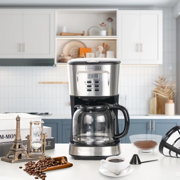 Kognita 12 Cup Coffee Maker, Programmable Coffee Machine & Ice Tea Maker with Glass Carafe, Drip Coffee Pot, Auto Keep Warm, Anti-Drip, 900W Quick Brew, Strength Control, Black and Silver