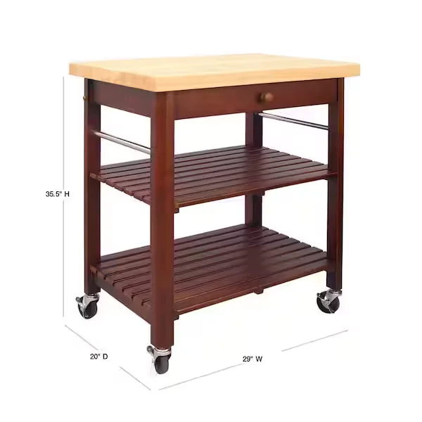 Cherry Stain Kitchen Cart with Natural Wood Top