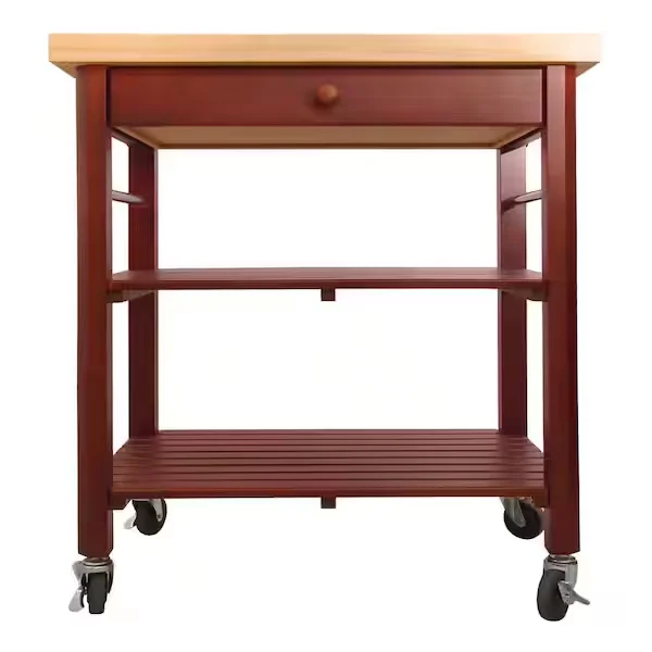 Cherry Stain Kitchen Cart with Natural Wood Top