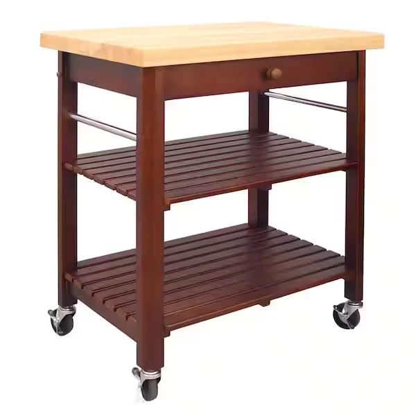 Cherry Stain Kitchen Cart with Natural Wood Top