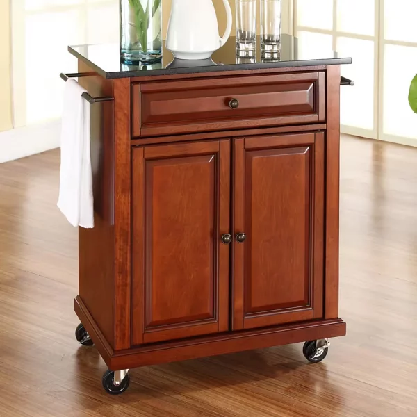 Rolling Cherry Kitchen Cart with Black Granite Top