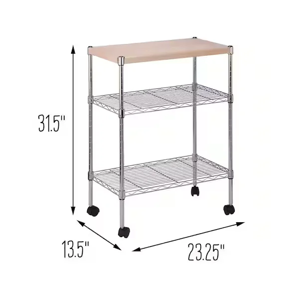 Chrome/Natural 3-Tier Kitchen Cart with Adjustable Shelves