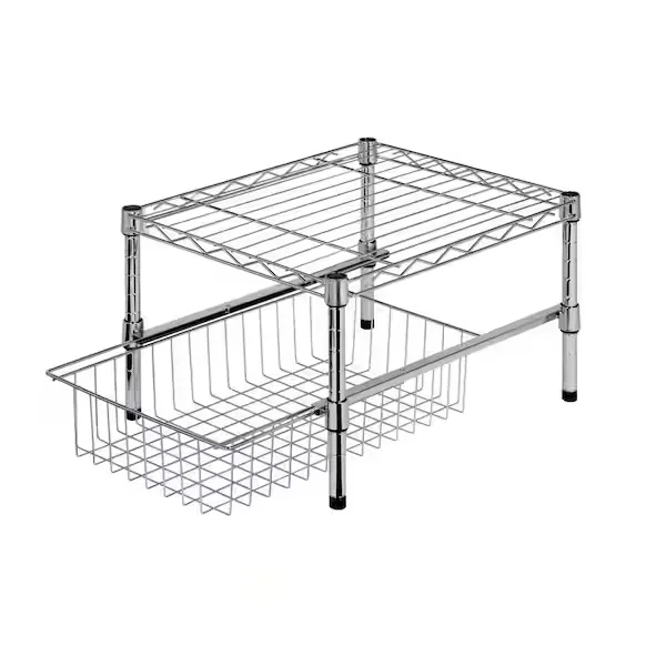1-Shelf Chrome Pantry Organizer with Pull Out Basket