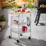 Gatefield Small Chrome with Natural Wood Top Metal Rolling Microwave Kitchen Cart with Tiered Shelves (24" W)