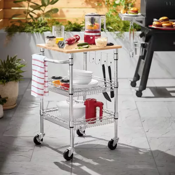 Gatefield Small Chrome with Natural Wood Top Metal Rolling Microwave Kitchen Cart with Tiered Shelves (24" W)