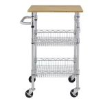Gatefield Small Chrome with Natural Wood Top Metal Rolling Microwave Kitchen Cart with Tiered Shelves (24" W)