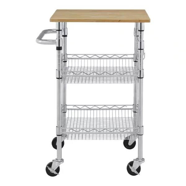 Gatefield Small Chrome with Natural Wood Top Metal Rolling Microwave Kitchen Cart with Tiered Shelves (24" W)