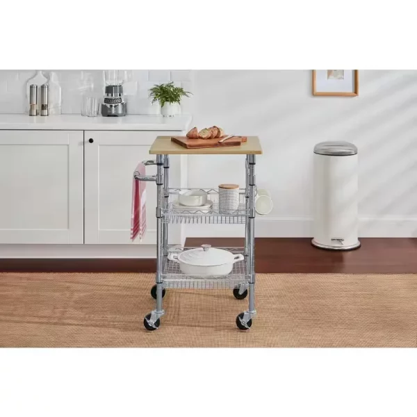 Gatefield Small Chrome with Natural Wood Top Metal Rolling Microwave Kitchen Cart with Tiered Shelves (24" W)
