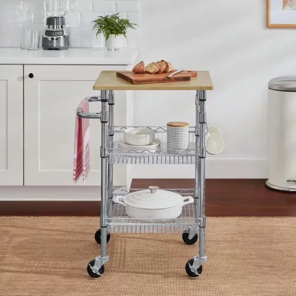 Gatefield Small Chrome with Natural Wood Top Metal Rolling Microwave Kitchen Cart with Tiered Shelves (24" W)