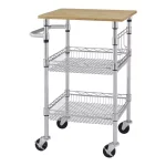 Gatefield Small Chrome with Natural Wood Top Metal Rolling Microwave Kitchen Cart with Tiered Shelves (24" W)