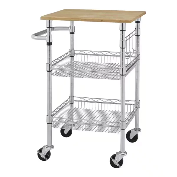 Gatefield Small Chrome with Natural Wood Top Metal Rolling Microwave Kitchen Cart with Tiered Shelves (24" W)