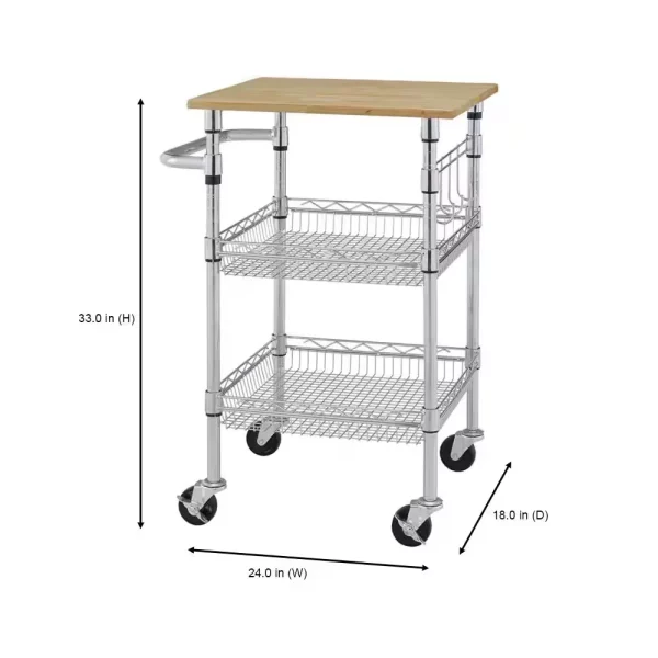 Gatefield Small Chrome with Natural Wood Top Metal Rolling Microwave Kitchen Cart with Tiered Shelves (24" W)