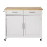 Glenville Cream White Rolling Kitchen Cart with Butcher Block Top and Double-Drawer Storage (42" W)