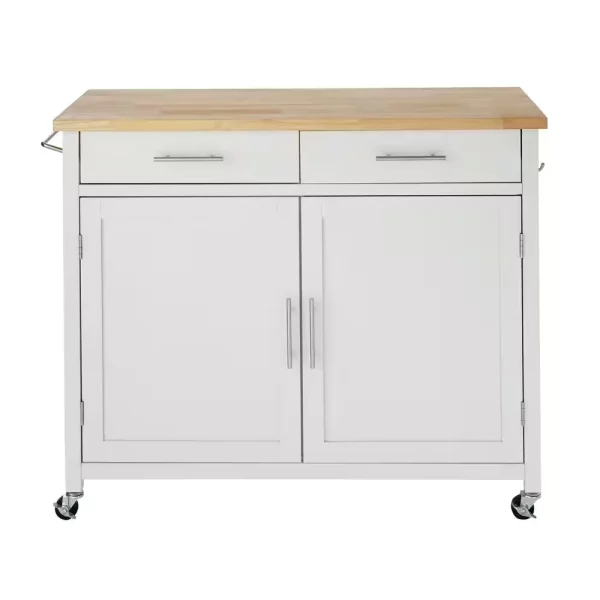 Glenville Cream White Rolling Kitchen Cart with Butcher Block Top and Double-Drawer Storage (42" W)