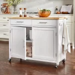 Glenville Cream White Rolling Kitchen Cart with Butcher Block Top and Double-Drawer Storage (42" W)