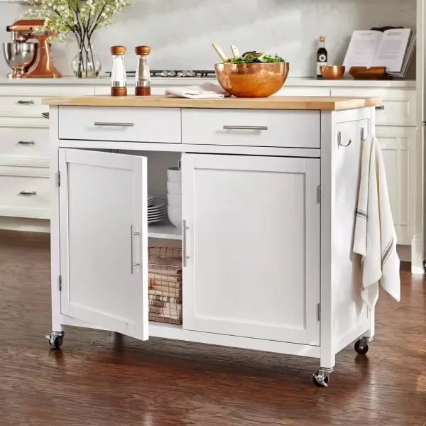 Glenville Cream White Rolling Kitchen Cart with Butcher Block Top and Double-Drawer Storage (42" W)