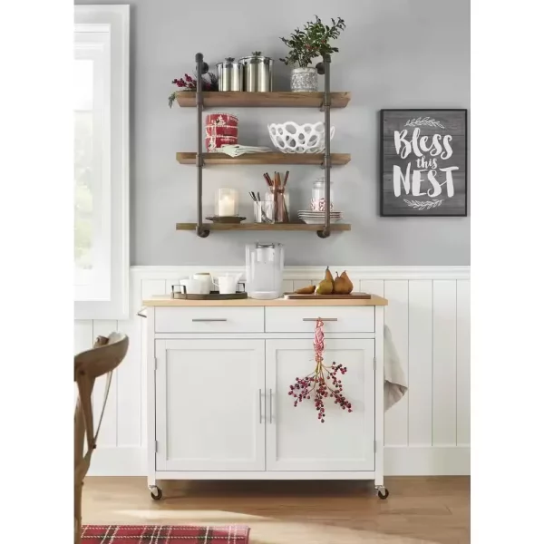 Glenville Cream White Rolling Kitchen Cart with Butcher Block Top and Double-Drawer Storage (42" W)
