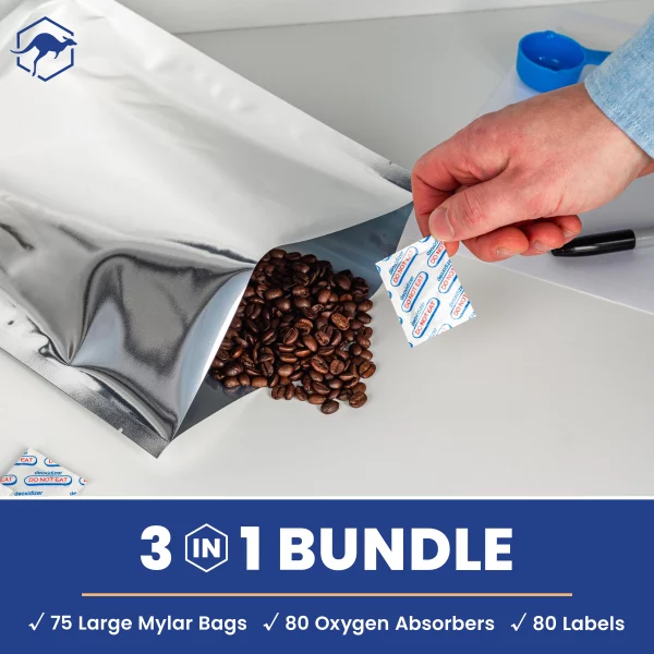 75 Wallaby Mylar Bags Bundle 1 Gallon (5 Mil, 10in x 14in) with 80 400cc Oxygen Absorbers - Silver