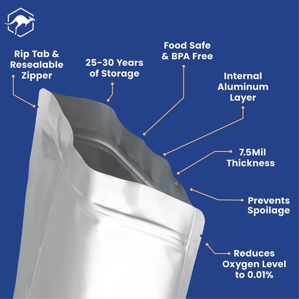 60 Wallaby Stand up Mylar Bags with Zipper Bundle 1 Gallon 7.5 Mil with 60 400cc Food Safe - Silver